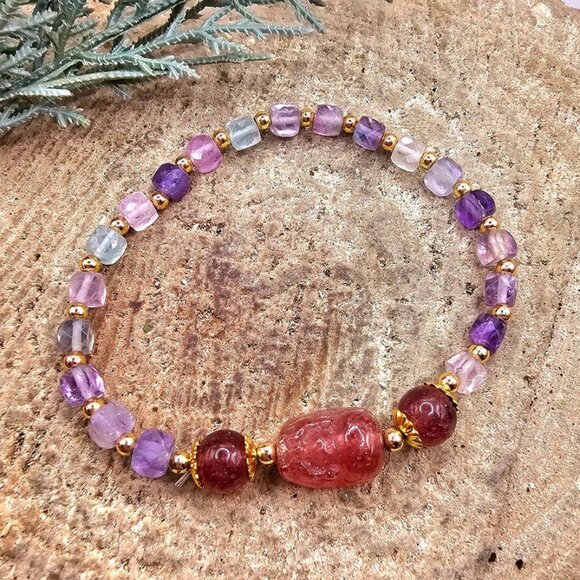 Nature Mixed Colors Fluorite Strawberry Quartz Pi Xiu Bracelet - Picture 10 of 10